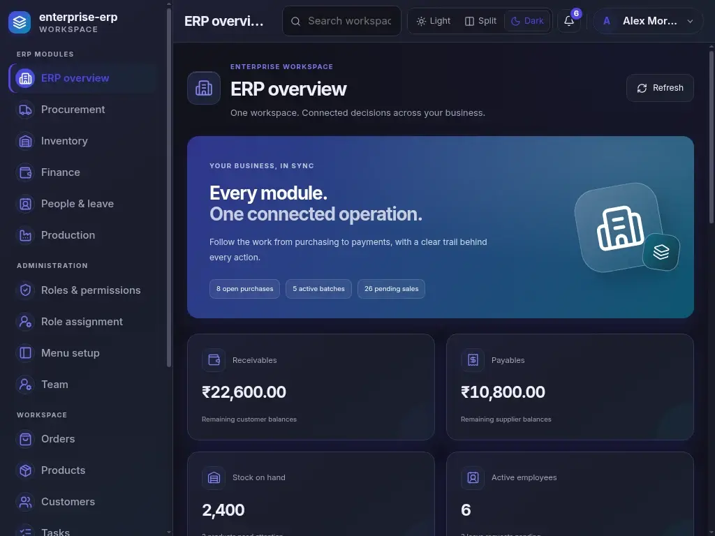 Enterprise ERP — actual laptop layout in dark mode